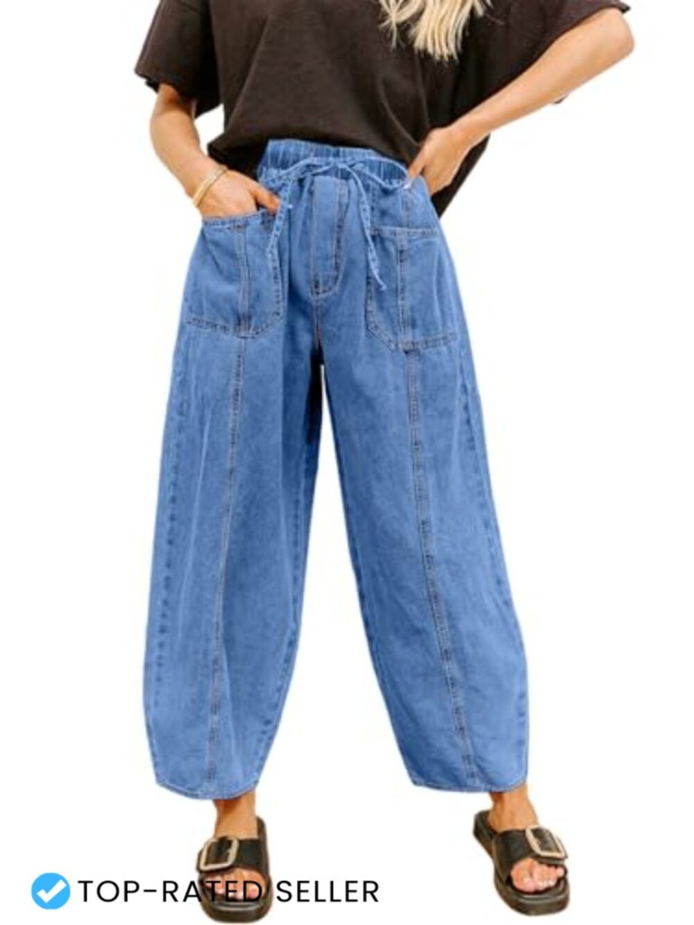 High Waisted Stretchy Barrel Jeans with Drawstring, Patch Pockets, Ankle Length